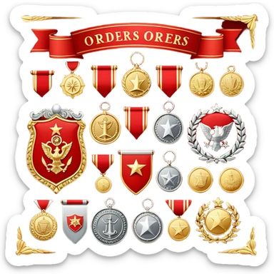 Icon for Collecting Orders, Medals & Badges: a variety of vintage orders, medals and badges, displayed neatly on a big red pennant. The icon should reflect the honor and historical significance of these collectible items. Transparent background. sticker