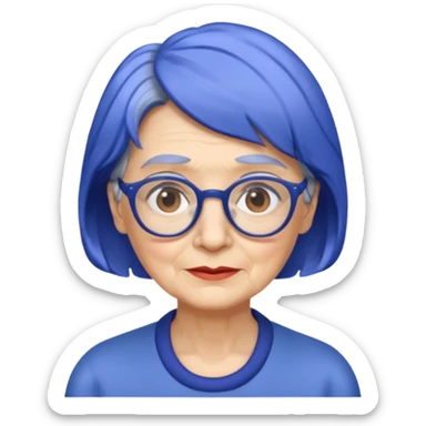 old lady with cobalt hair, wearing glasses, slight curl short hair, long face sticker
