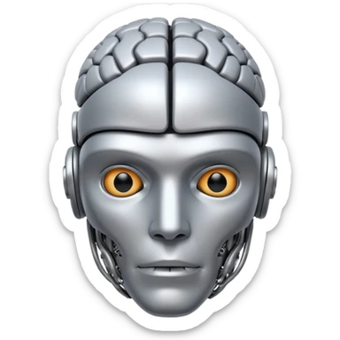 A fit male robot with a huge brain sticker