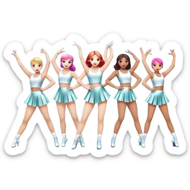 "Icon for Contemporary Dance: a synchronized group performance on stage with backup dancers, bright stage lighting, and stylish dance outfits. The icon should capture the energy, precision, and excitement of a modern group dance performance. Transparent background. sticker