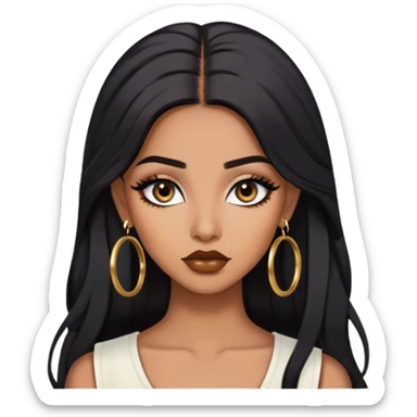 indian girl, brown skin, long black voluminous hair, brown underneath colored hair, baddie,pretty, makeup, lipliner, black eyeliner, gold hoop earrings, white top sticker