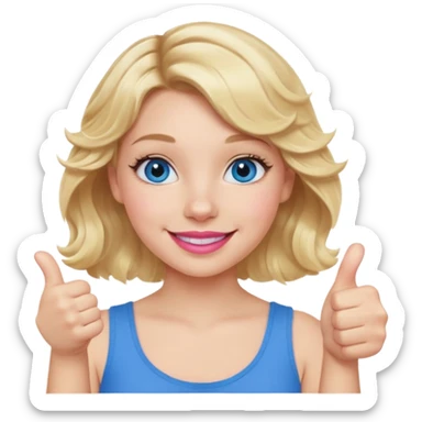 Girl Blonde short wavy hair,  blue eyes, cute blue top, long lashes, pink lips, smiling, 👍🏻 sticker
