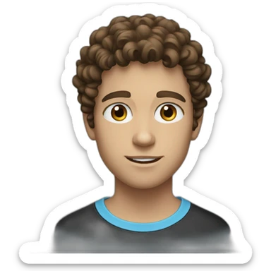 a young man with curly brown hair and light blue eyes wearing a black shirt sticker