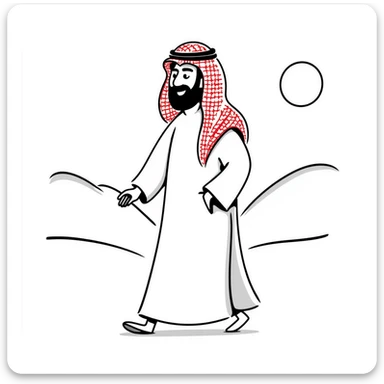 Arab man walking in desert, wearing white thobe and red checkered keffiyeh sticker