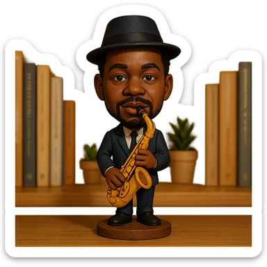 illustration of a jazz musician with a saxophone in bobblehead style sticker