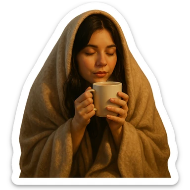 girl brunette inside a blanket sipping coffee, eyes closed, cozy and warm atmosphere, variation 4 sticker