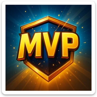 A gleaming, stylized badge with bold, slightly futuristic lettering 'MVP' set against a dynamic, gradient background of electric blue and gold. Small, energetic particle effects emanate from the text. sticker