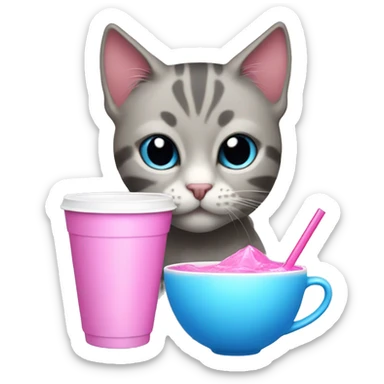 Cat drinking pink and blue drink out of fancy cup sticker