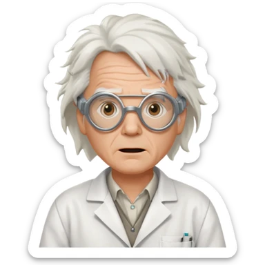 Doc Brown from Back to the Future, wild white hair, goggles on forehead, surprised expression, lab coat sticker