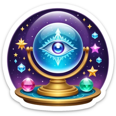 A vibrant, mystical icon symbolizing fortune telling and esotericism. Include elements like a crystal ball, tarot cards, stars, and mystical symbols with a glowing, ethereal feel. The design should be colorful, eye-catching, and evoke a sense of magic and mystery. sticker
