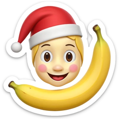 A 3D cartoon peeled banana with a red nose and tiny hat, smiling face, playful pose, Memoji-style. sticker