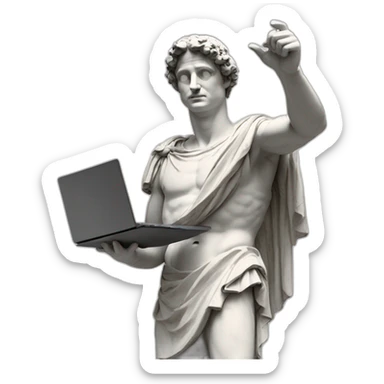 Roman sculpture with virtual reality goggles pointing its finger to the sky and holding a laptop with his other hand sticker