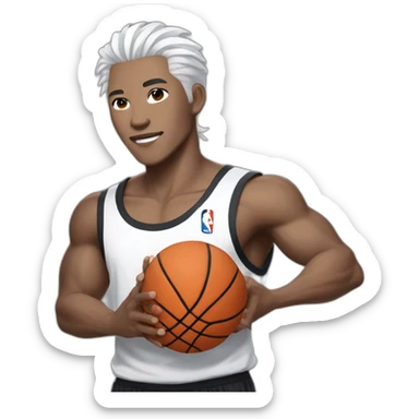 Chinese idol wearing white straps, gray pants and black shirt with white hair, holding a basketball in his right hand sticker