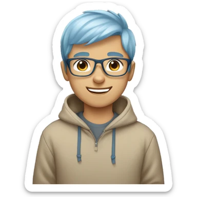 boy wearing a blue hoodie with light brown short hair wearing grey glasses and he has a cute smile, light blue eyes and he's surrounded by heart  sticker