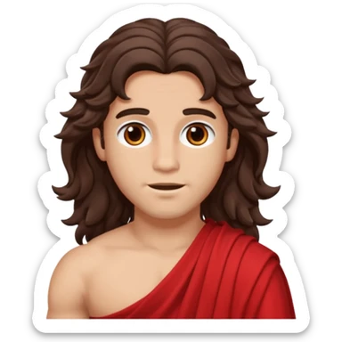 Adonis from The Olympians with long dark brown wavy hair, red toga sticker