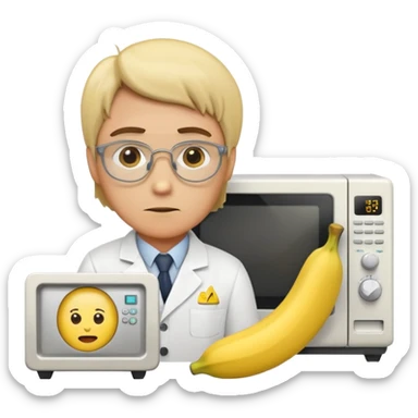 scene with a microwave oven, a banana and a scientist together emoji style sticker