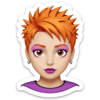 A person emoji with light skin, short spiky orange hair swept to one side, matching pink eyebrows, brown eyes, an oval-shaped face, a small nose, and dark lipstick. sticker