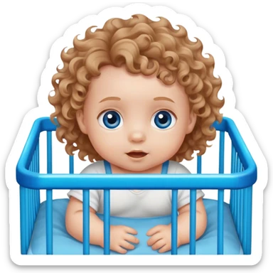 Blue eyes, light brown soft curls hair baby  in playpen  sticker