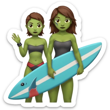 orc female holds a little surfboard with a shark painted vertically in his hands sticker