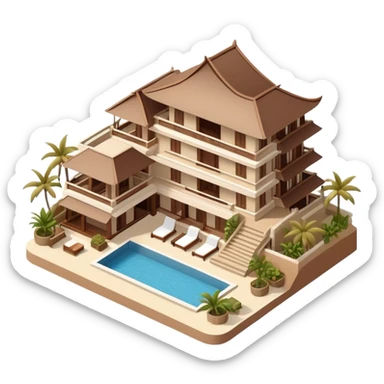 Isometric exterior brown and beige luxury Balinese beach resort hotel, dollhouse style 3D realistic  sticker