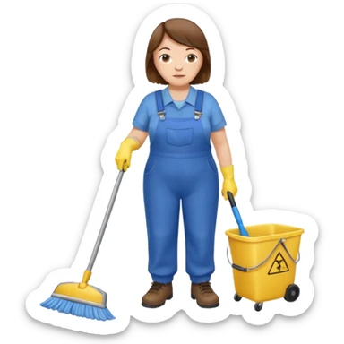 old and fat women, brown hair, Custodian with yellow rubber gloves, white T-shirt, blue overalls, mopping floor sticker