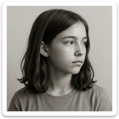 girl with medium length straight wavy hair, looking to the side, minimal background sticker