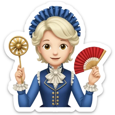 An emoji portrait of a French aristocrat. He wears a powdered wig and a silk waistcoat with a ruffled jabot. His expression is poised and refined, and he holds a fan. sticker