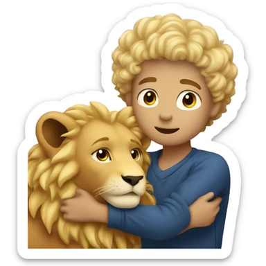 curly short hair blonde boy hugging a lion sticker
