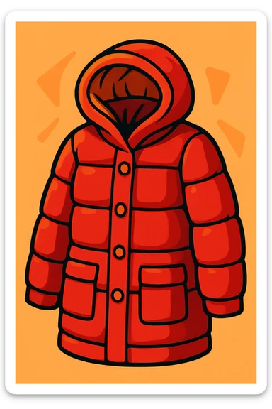 red winter coat for women, cozy and warm, with a hood, vibrant toon style sticker
