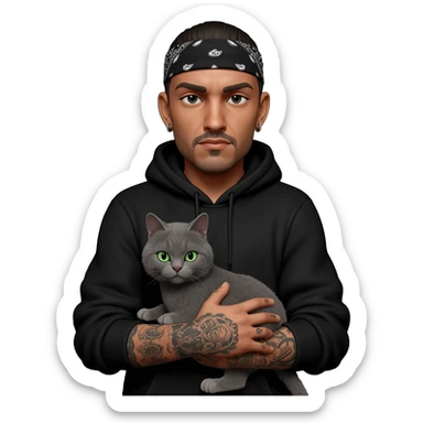 A Mexican thug with tatts holding a gray cat sticker