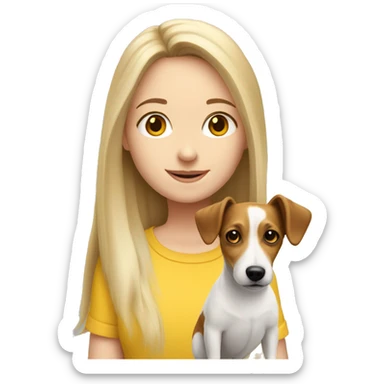 Long haired white girl wearing yellow top with jack russell sticker