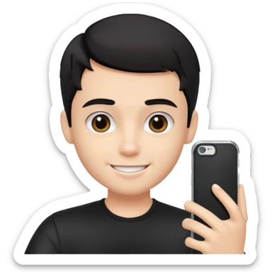 generate a pretty bratz fair skinned boy with short black hair taking a selfie sticker