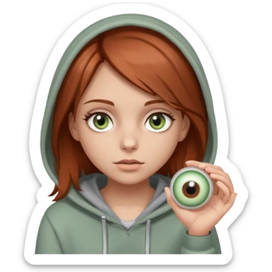 A girl with medium-length reddish-brown hair and hazel-green eyes, wearing a gray hoodie and holding an eyeball.  sticker