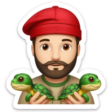 man with beard, red cap and turtles sticker
