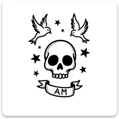 Old school Americana tattoo skull with nautical stars and swallows sticker