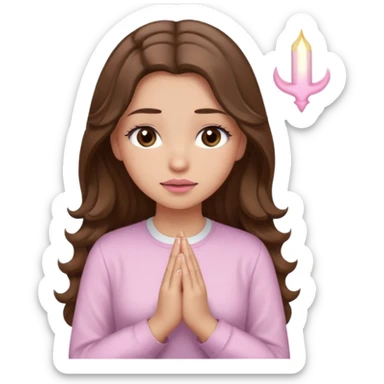 girl with wavy long brown hair, brown eyes, light to medium complexion, long lashes, light pink lipstick, praying, wearing light pink shirt sticker
