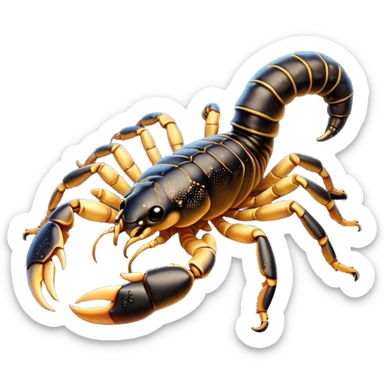 Cinematic Cute Emperor Scorpion Portrait Emoji, Head tilted playfully and inquisitively, with a compact, rugged build and a sleek, dark exoskeleton highlighted by delicate, intricate patterns and round, sparkling eyes full of curious defiance, Simplified yet irresistibly adorable features, highly detailed, glowing with a warm, friendly glow, high shine, affectionate and quirky, stylized with a touch of desert whimsy, soft glowing outline, capturing the essence of a mischievous yet endearing scorpion that feels like it could pinch its way out of the screen into your arms! sticker