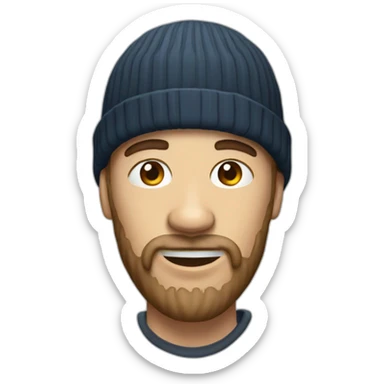 a man with a long jaw, shaved beard, and beanie hat sticker