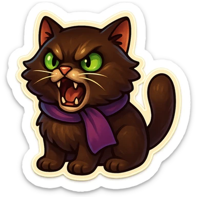 Fluffy angry livid screaming hissing cute dark-brown cat with green eyes and a purple scarf  sticker