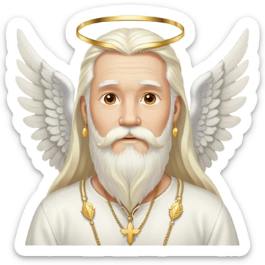 God, man with long white hair, beard and white mustache, white angel wings on his back, gold earrings hanging from ears sticker