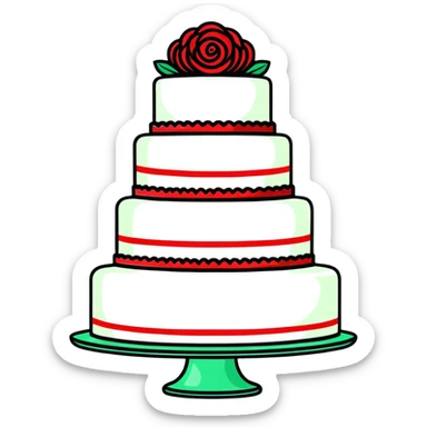 Beautiful red velvet wedding cake with multiple tiers and white icing details sticker