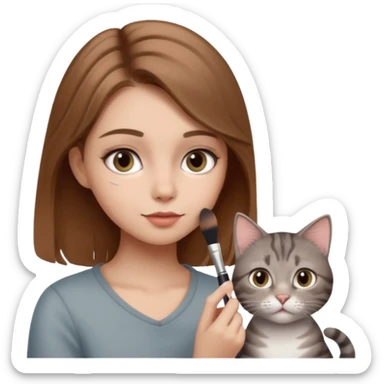 A image of a girl with light brown hair doing her makeup with her grey tabby cat sticker
