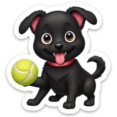 Cute emoji-style illustration of a happy black dog playing with a tennis ball, shiny black fur, joyful expression with tongue out, big expressive eyes, playful pose, vibrant colors, smooth clean lines, high resolution, sticker-style, transparent background sticker