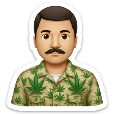 Mexican drug lord El Chapo with mustache and cannabis leaf patterned shirt sticker