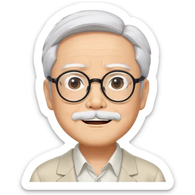 ​Cinematic Realistic Portrait of Hayao Miyazaki, depicted with defined black eyebrows, and large rectangular glasses, his happy expression rendered in lifelike detail, illuminated with soft, realistic lighting that emphasizes his creative genius, sticker