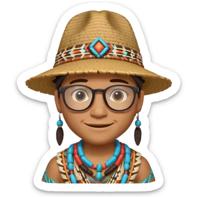 cute Indigenous tribal male character portrait, head and shoulders only, wearing glasses, stylish hat, friendly smile, colorful tribal patterns, 3D cartoon, mobile game icon style, clean background, no text, no watermark
 sticker