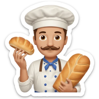 Middle aged male pastry chef - with a mustache, apron, white hat, holding bread sticker