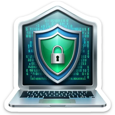 An icon featuring a digital shield with a lock, binary code, symbolizing cybersecurity. The design includes a laptop, warning icons, and secure network nodes, representing protection against cyber threats. Transparent background highlights digital safety and defense. sticker
