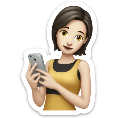 A girl with pale skin and dark brown hair shilling on her phone sticker