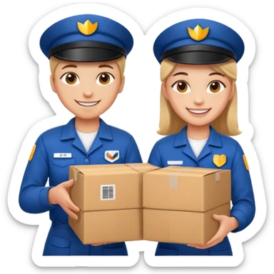 create a realistic emoji of two working packaging workers switching positio sticker